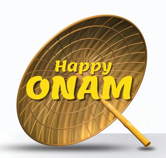 Happy Onam text with yellow colour and a wooden umbrella