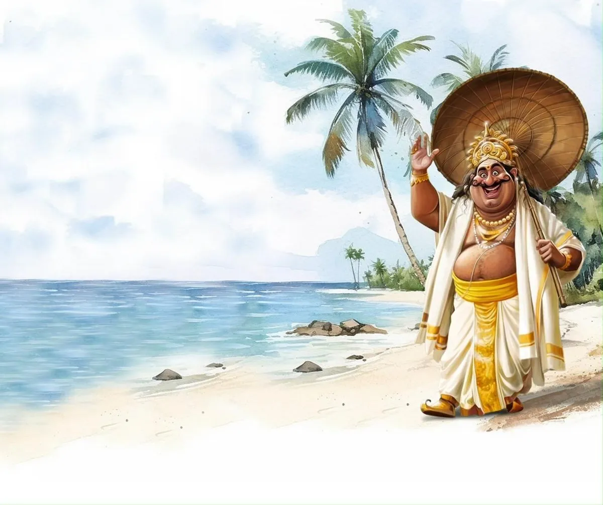 Happy Onam with a sea picture and an image of King Mahabali