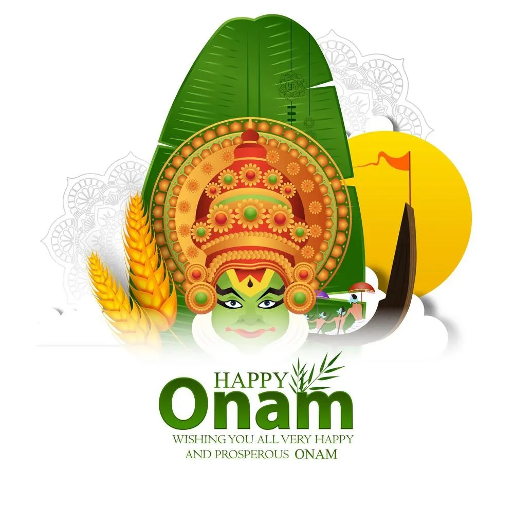 Happy Onam with kathakali and vallam kali flying the flag