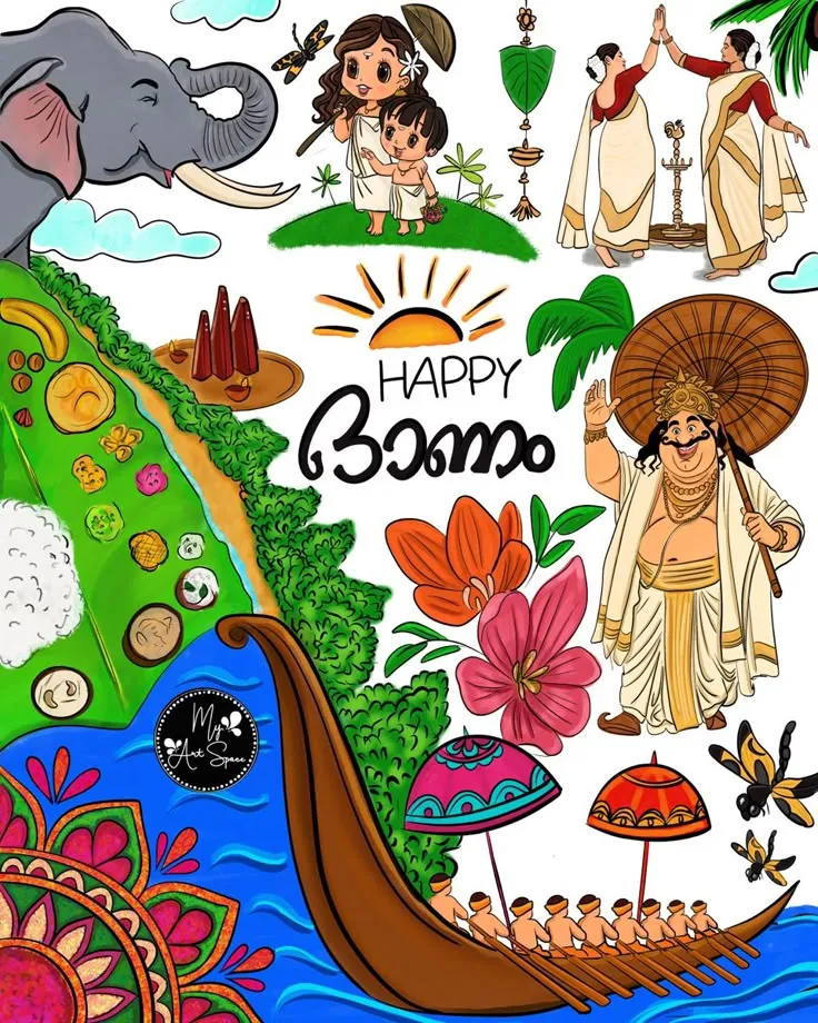 Happy Onam with Malayalam text and Vallam Kali race river