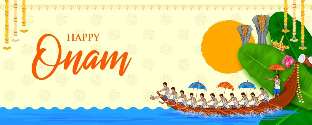 Happy Onam with Vallam kali and leaf design invitation