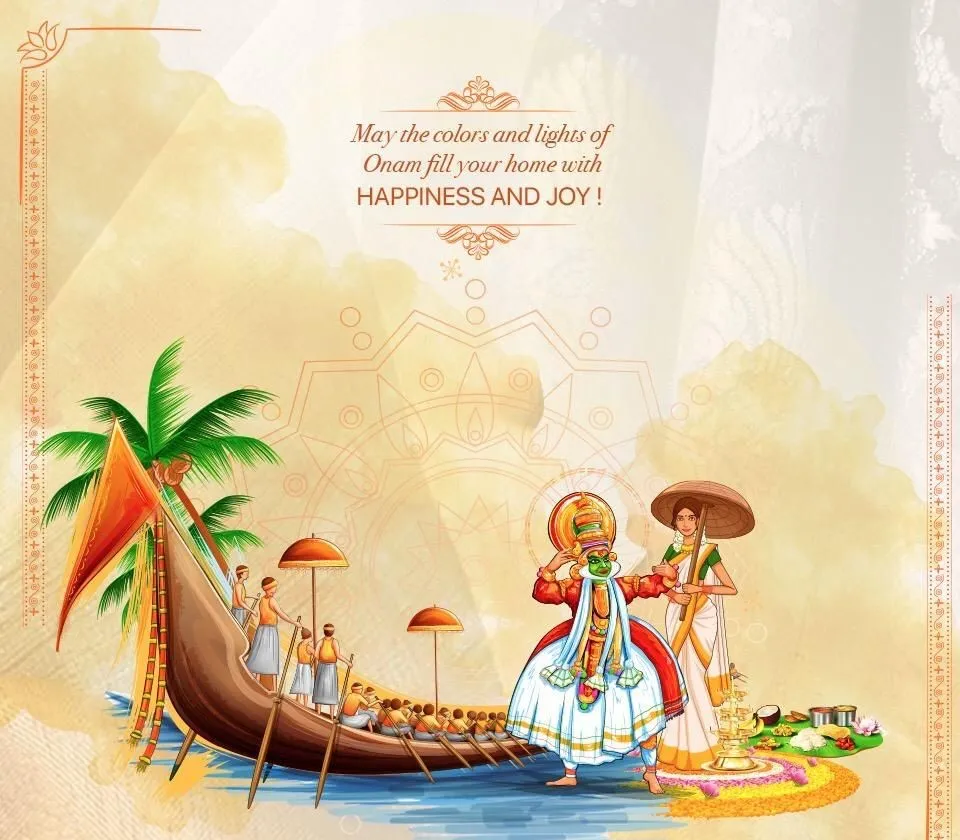 Happy Onam with Vallam kali race and the Kathakali image