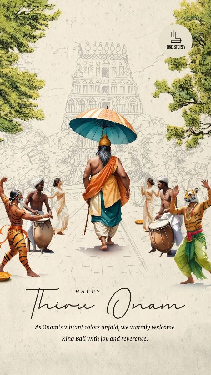 Happy thiru onam text in the black colour and puli kali