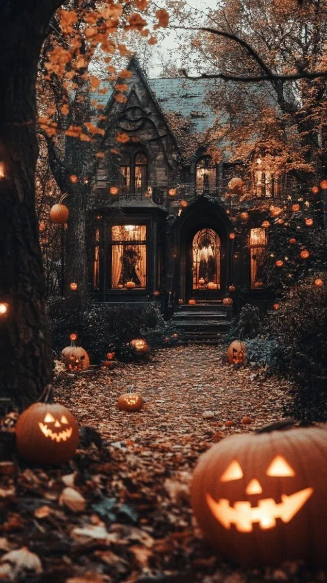 Haunted Forest Pathway with Glowing Jack O Lanterns