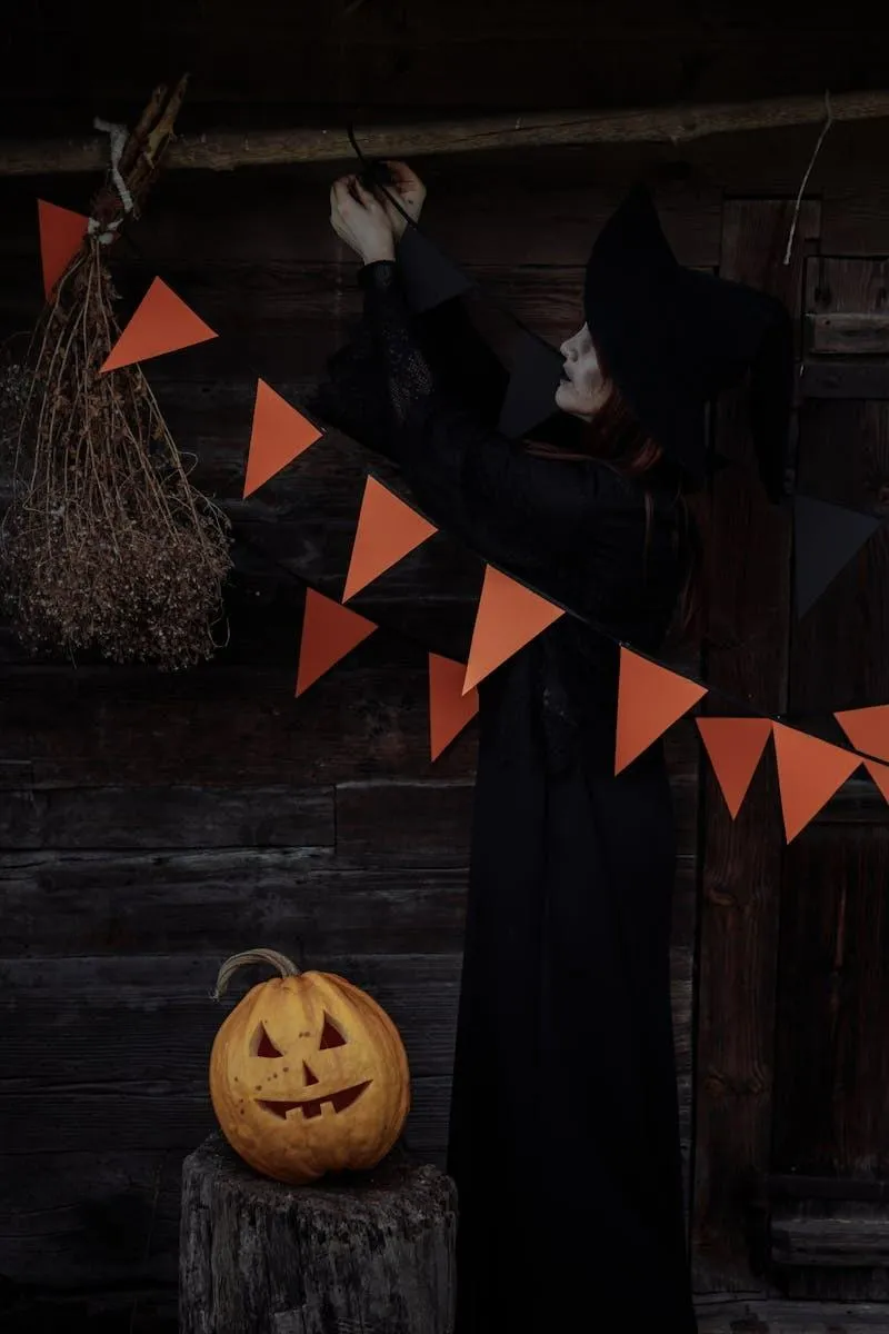 Haunted House Entrance with Halloween Garland and Pumpkin