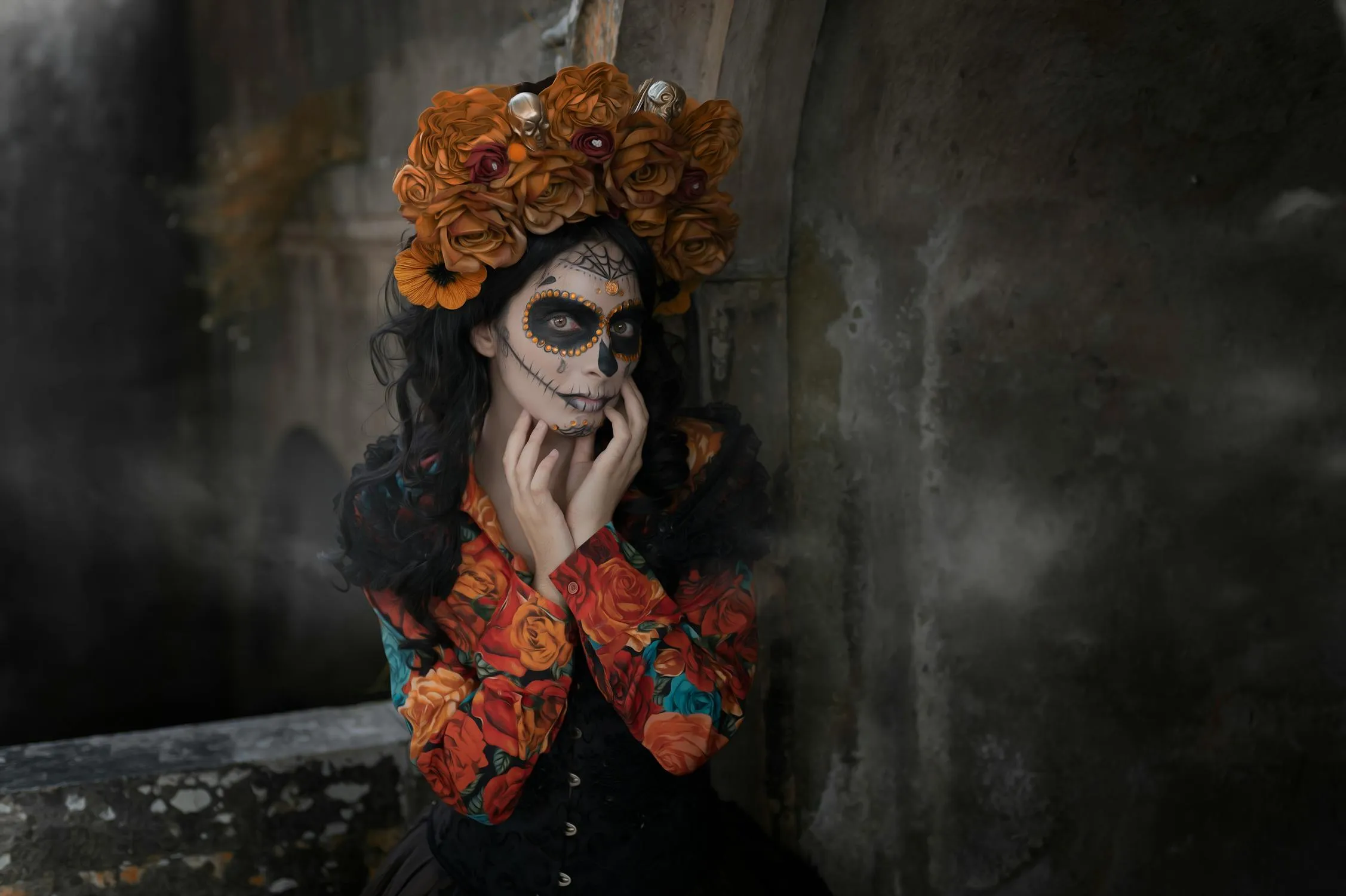 Haunting Face Paint and Veil for Halloween Shoot Wallpaper