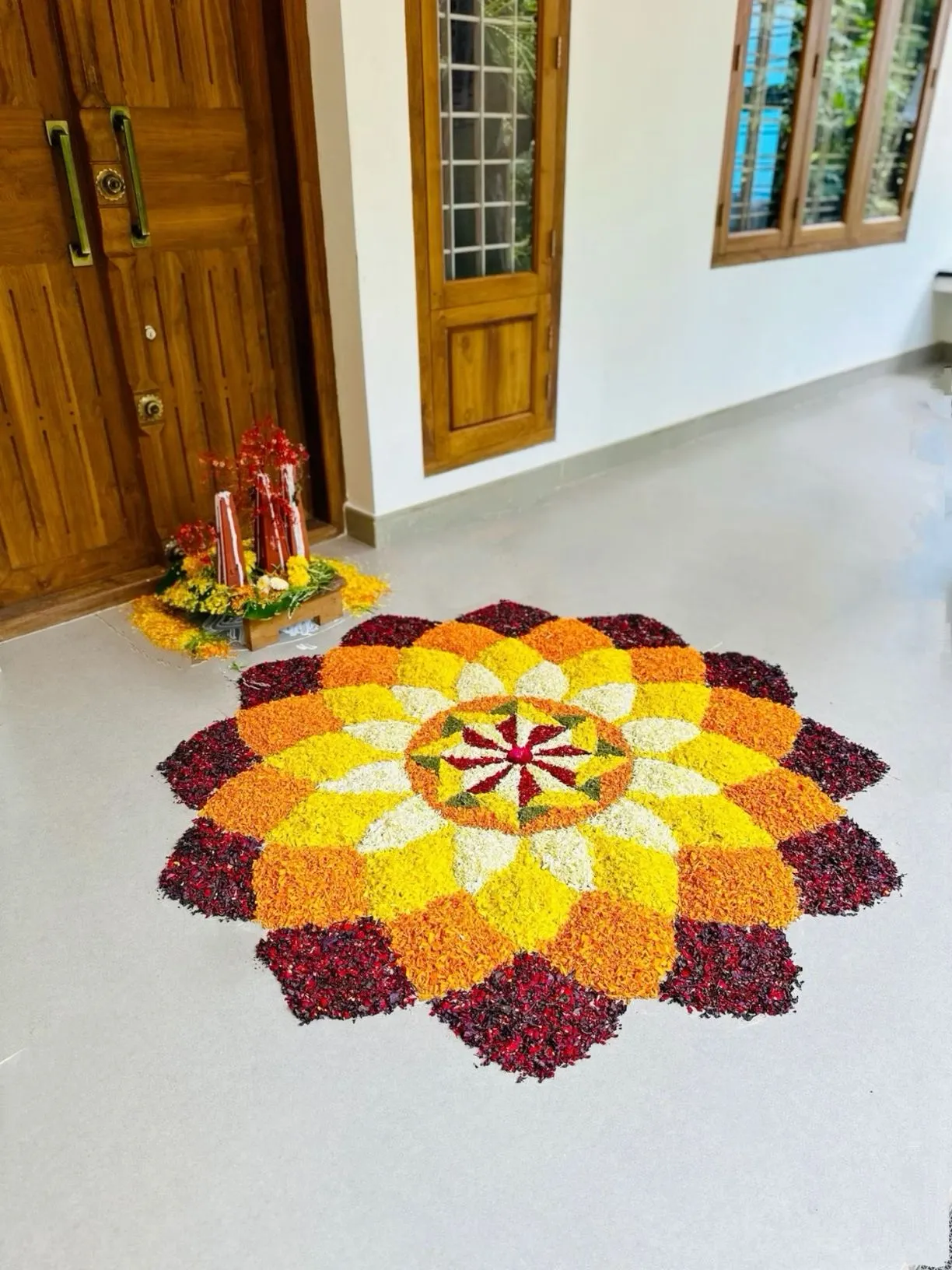 Home entrance decoration with colourful flower petals image