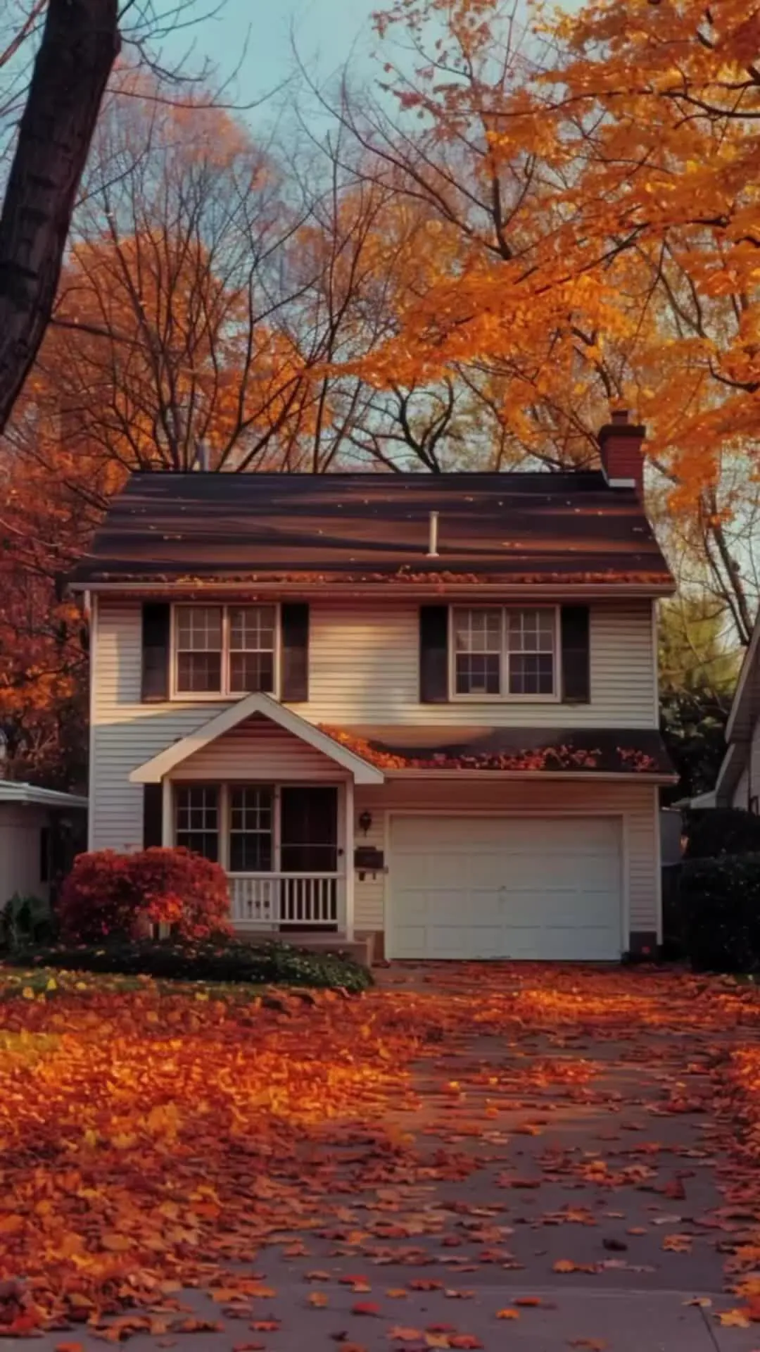 House Exterior with Fall Leaves and Pumpkin Lawn Decor