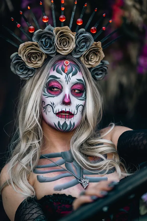 Intricate Day of the Dead Makeup with Blue Roses Headpiece