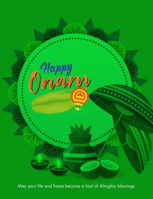 Invitation with Happy Onam and wooden Umbrella and flowers
