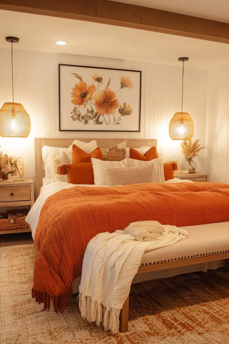 Inviting Fall Bedroom with Pumpkin Themed Decorations