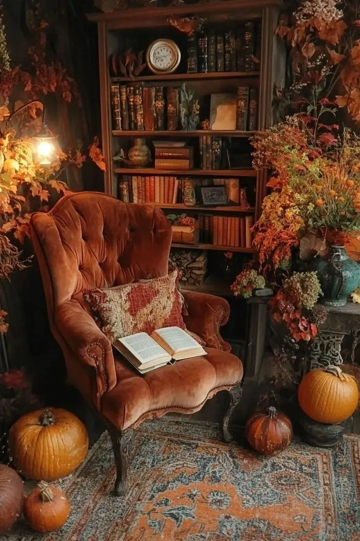 Inviting Fall Living Room with Pumpkin Decorations Wallpaper