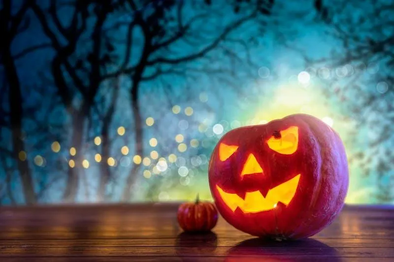Jack O Lantern Glowing in Foggy Spooky Night with Bokek Lights