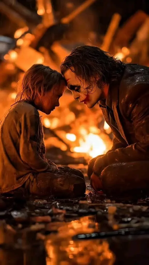 Joker and the Child Face Amidst Flames in Dark Knight Scene
