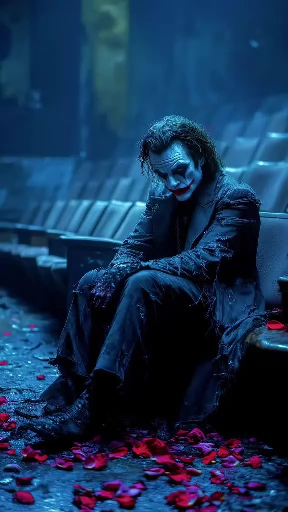 Joker Sits Alone Amidst Rose Petals in Dark Knight Scene