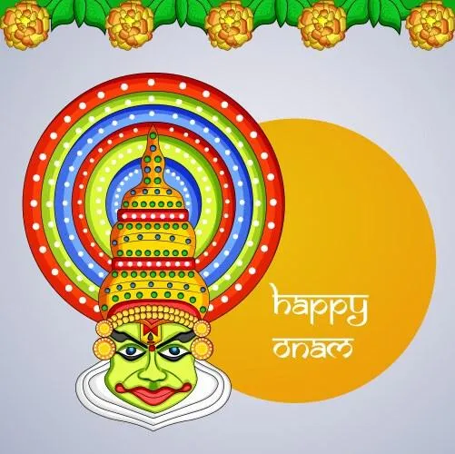 Kathakali dance in Hindi text with happy Onam and flowers design
