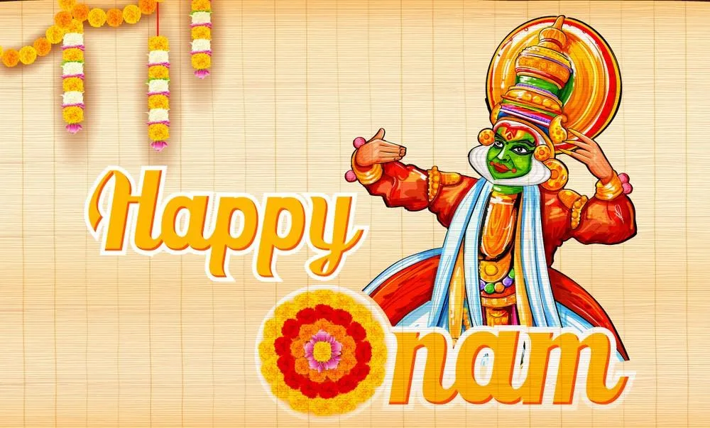 Kathakali Dance with Happy Onam text and flower design
