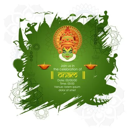 Kathakali dance with lamp design in Hindi wishing to Onam