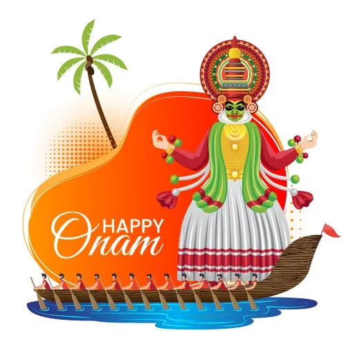 Kathakali dancing and vallam kali with happy Onam text