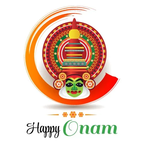 Kathakali image with happy Onam text with an invitation