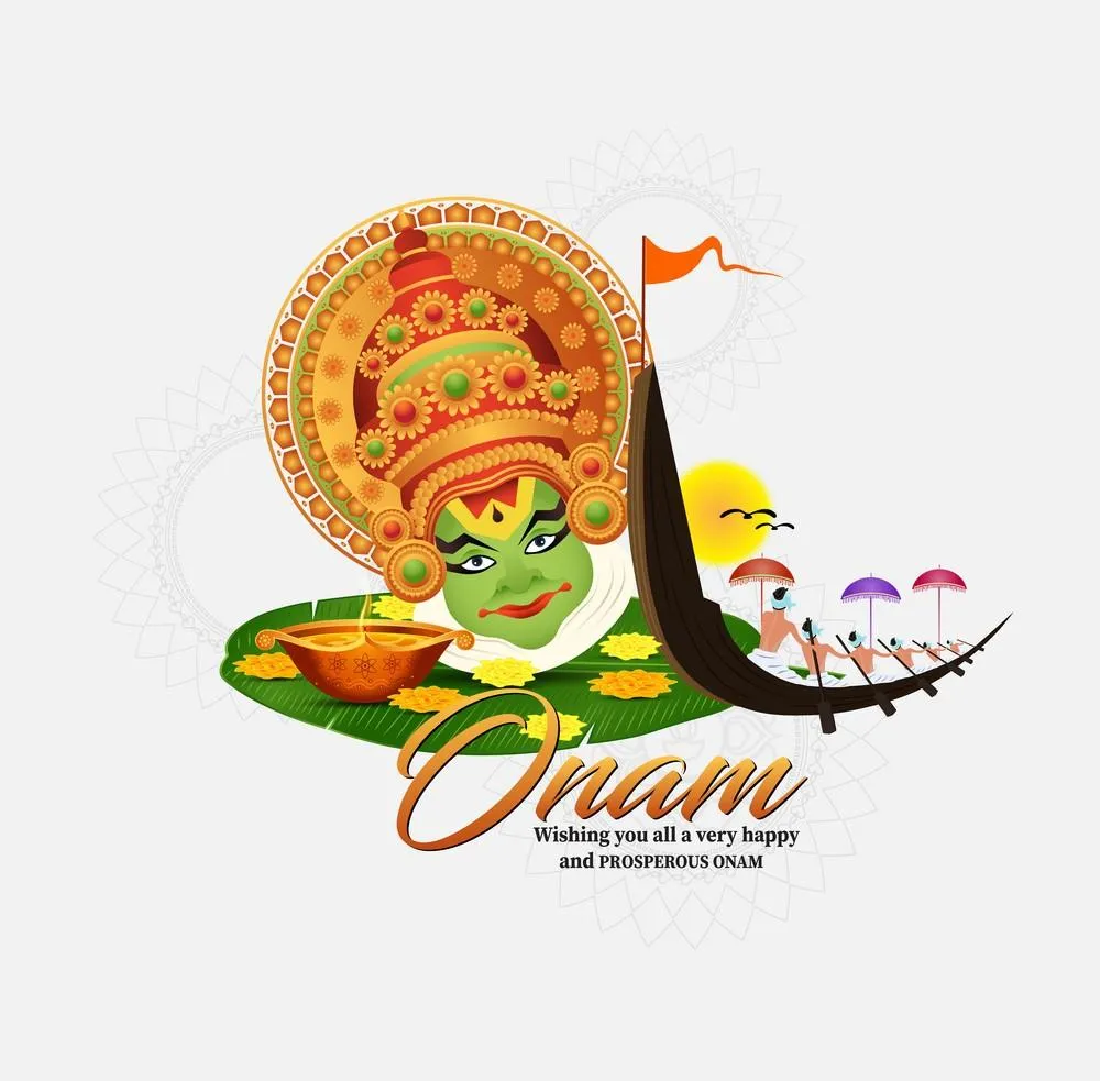 Kathakali with vallam kali design in Onam text and lamp