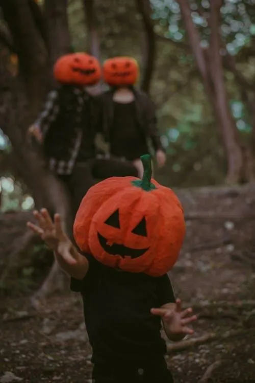 Kids in Pumpkin Head Costumes in the Forest Wallpaper