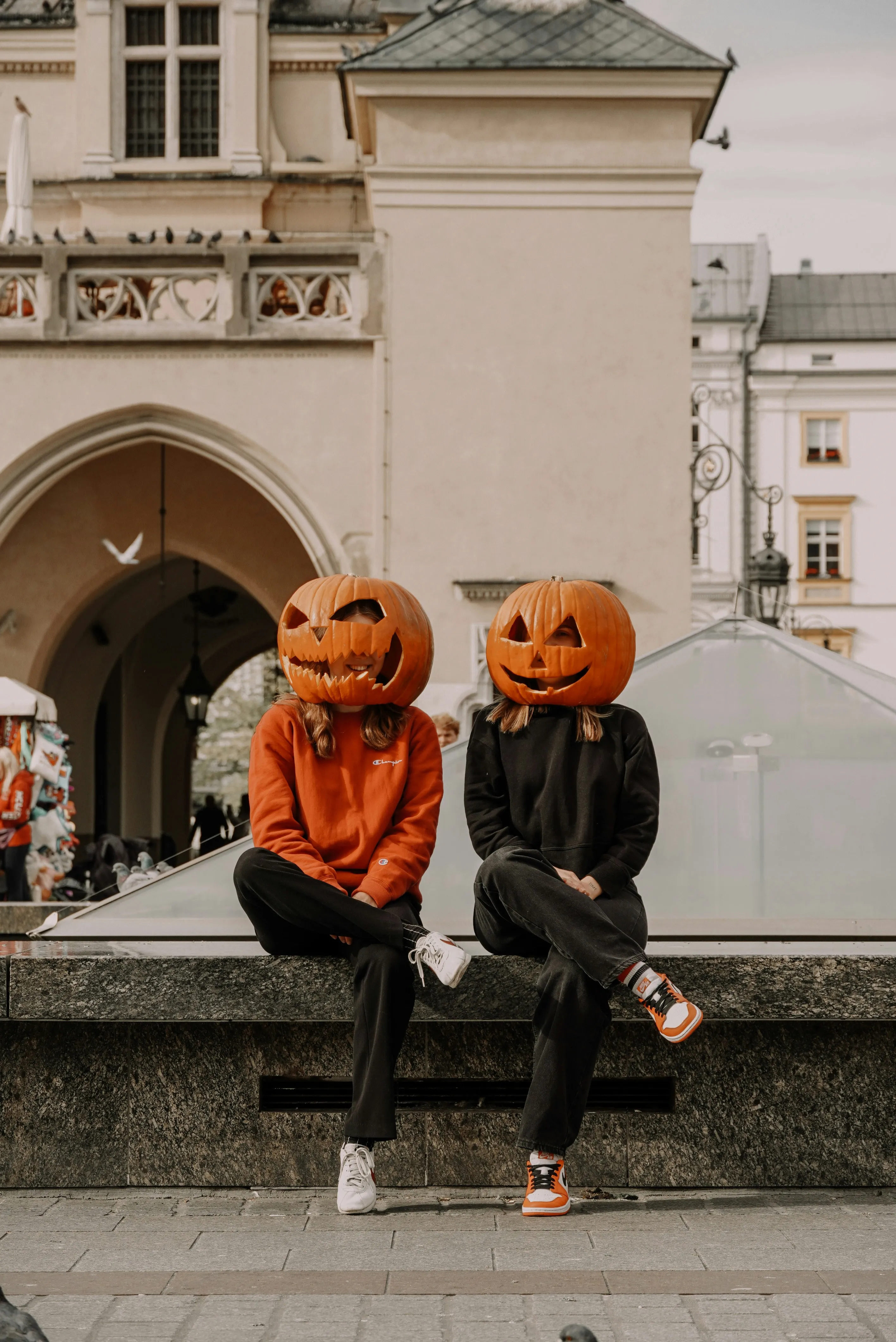 Kids in Pumpkin Masks Sitting Outside Free HD Wallpaper