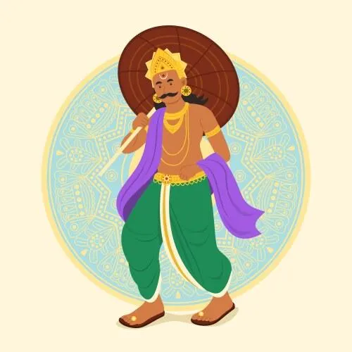 King Mahabali in cartoon image with Onam celebration