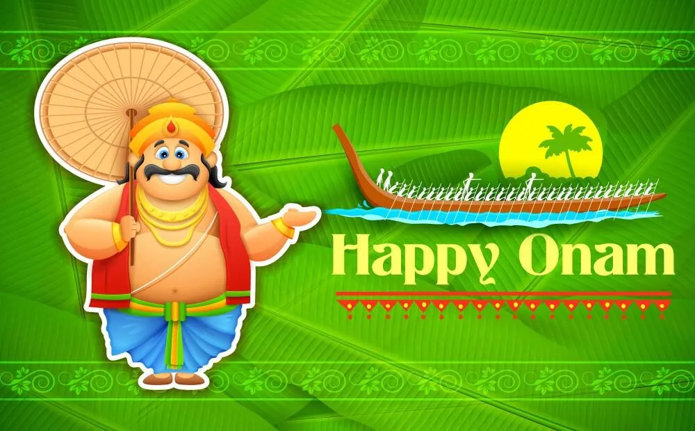 King of Mahabali and Happy Onam text and Vallam Kali