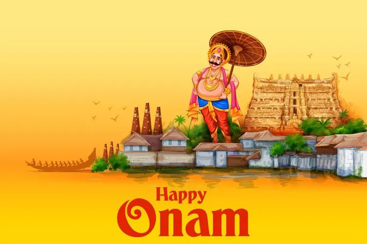 King of Mahabali wooden umbrella and Happy Onam text