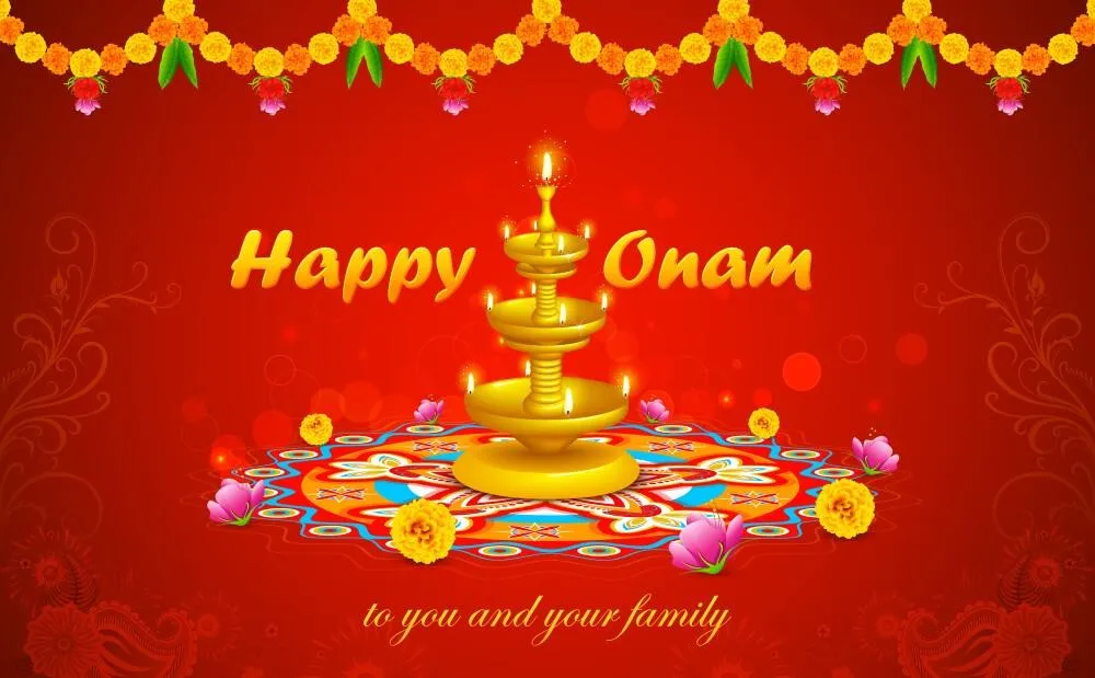 Lamp design in Happy Onam text and flower design invitation