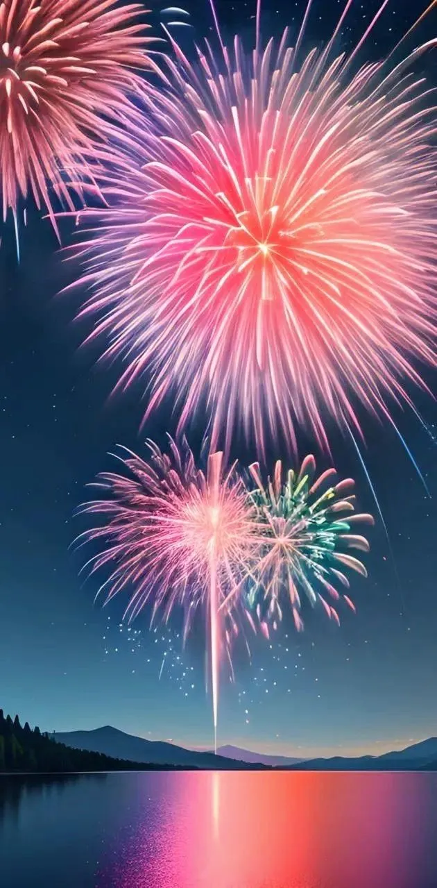Large Fireworks above River and Mountains at Night image