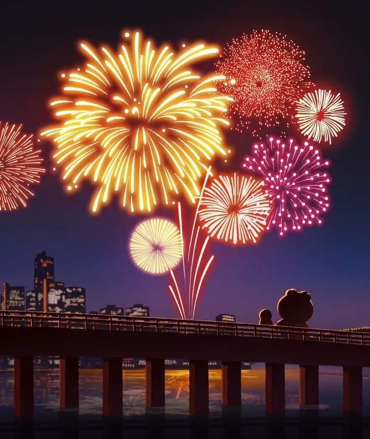 Large Fireworks Show over A Bridge At Night Wallpaper