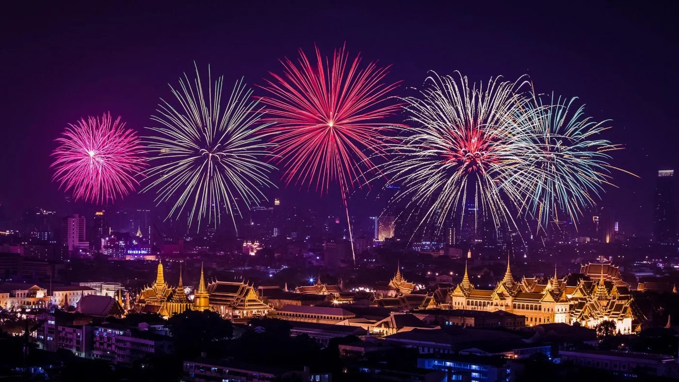 Large fireworks show with multiple colors over the skyline