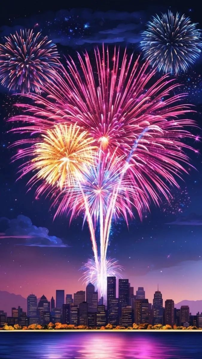 Large pink and blue fireworks with sparkling trails