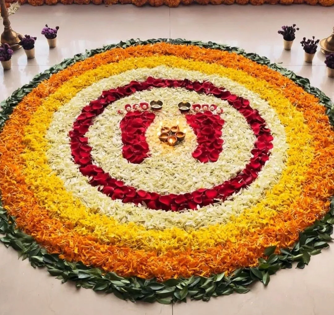 Large Pookalam with Goddess Footprint design for Onam image