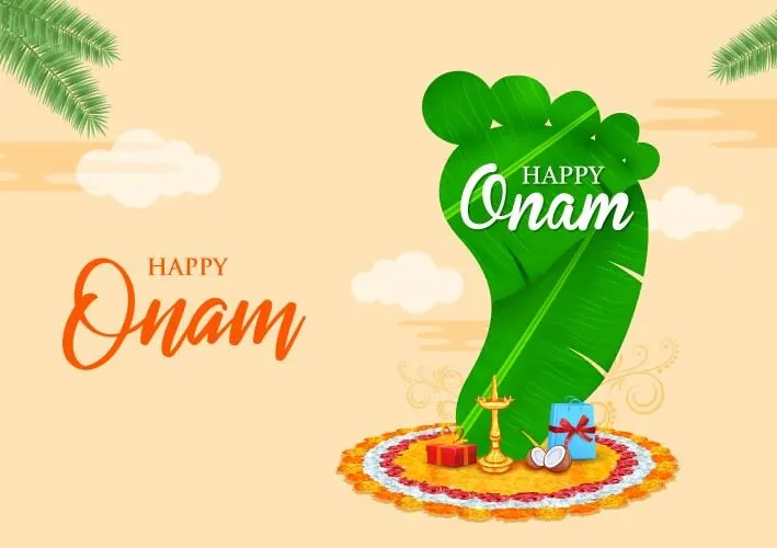 Leaf with Baby foot shape in Onam invitation and lamp icon