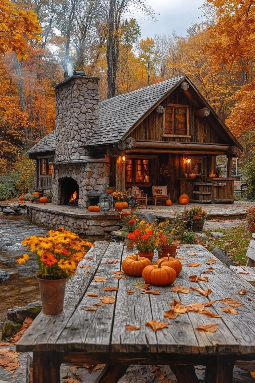 Log Cabin with Pumpkins and Fall Decor on Wooden Steps