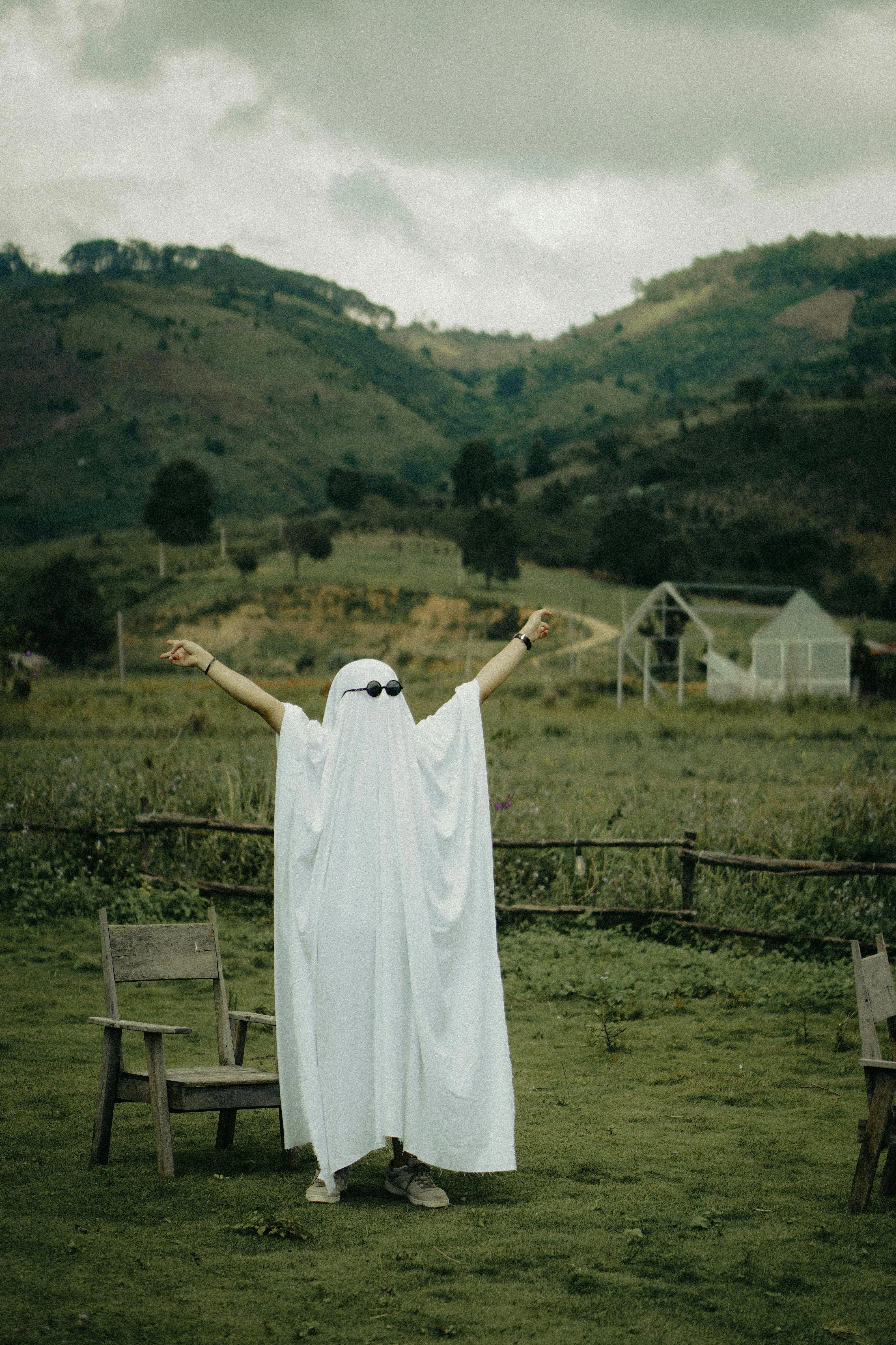 Lone Ghost Costume with raise hands in Open Field HD