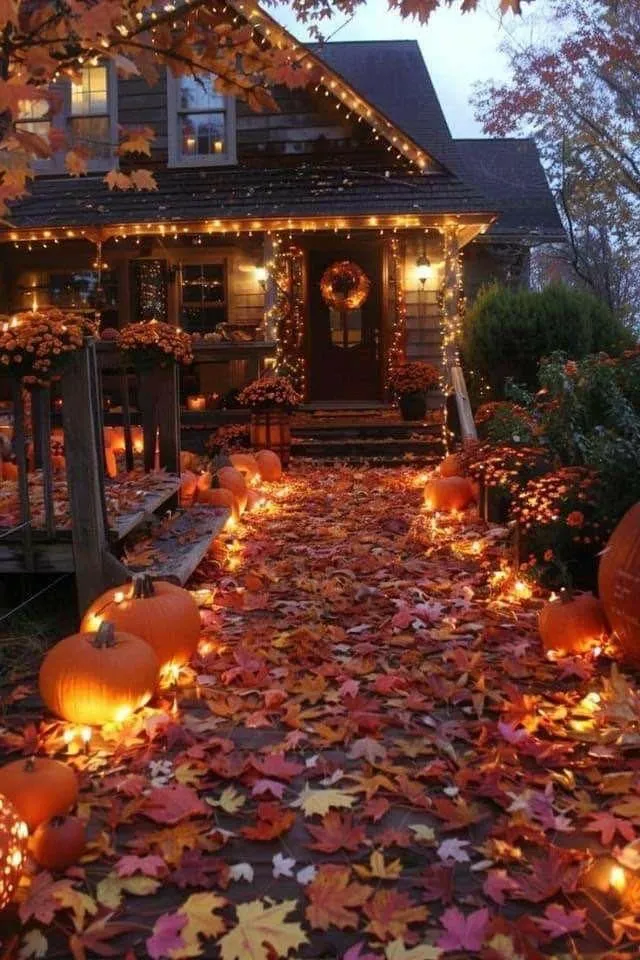 Magical Fall Evening Pathway Lined with Pumpkins and Lights