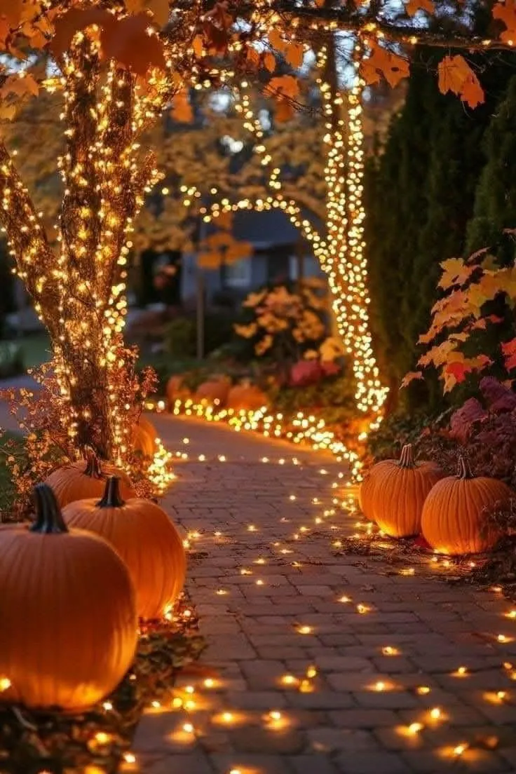 Magical Outdoor Autumn Pathway Lined with Pumpkins and Lights