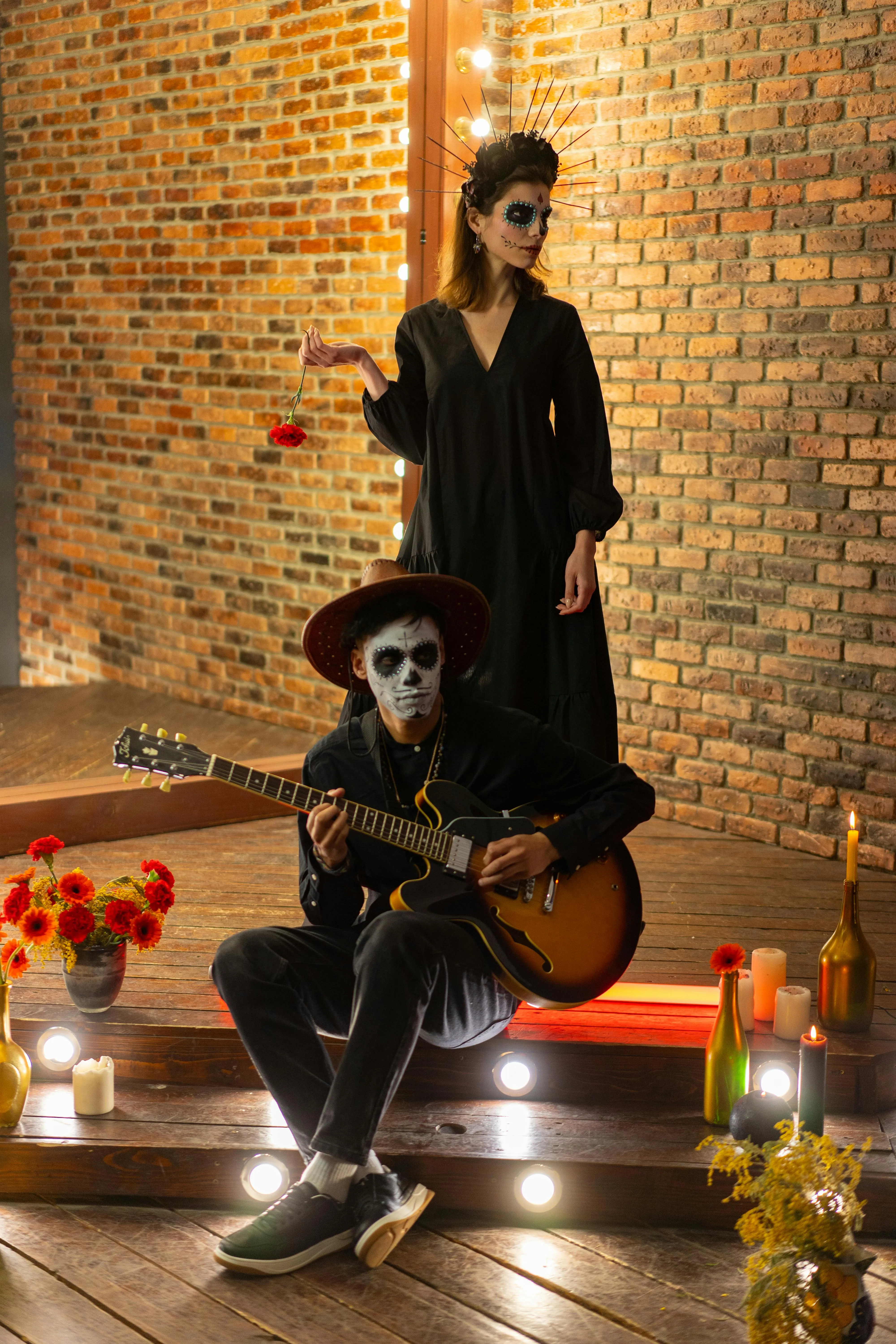 Man and Woman in Gothic Halloween Costumes Indoors HD