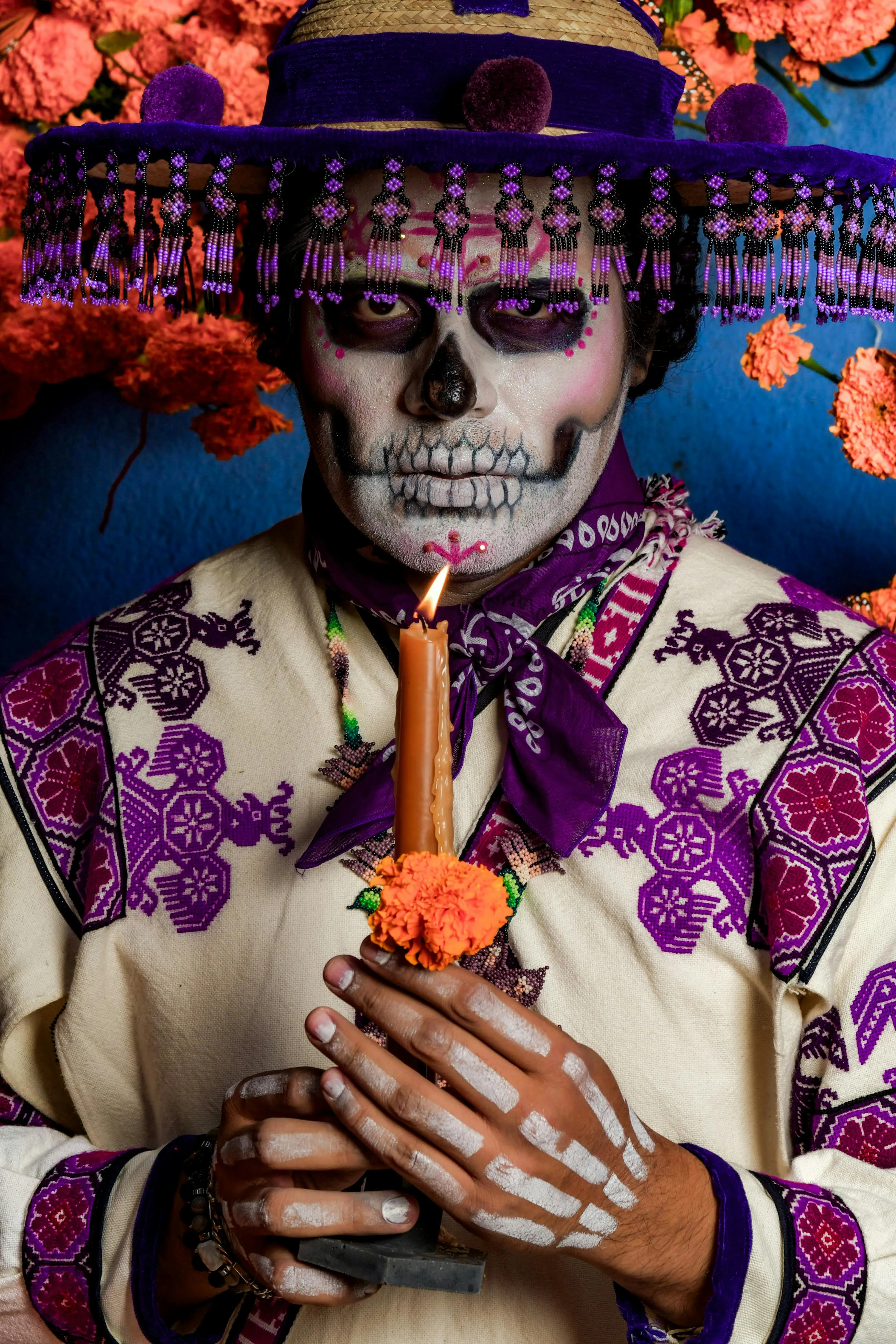 Man in Embroidered Suit with Skeleton Face Design image