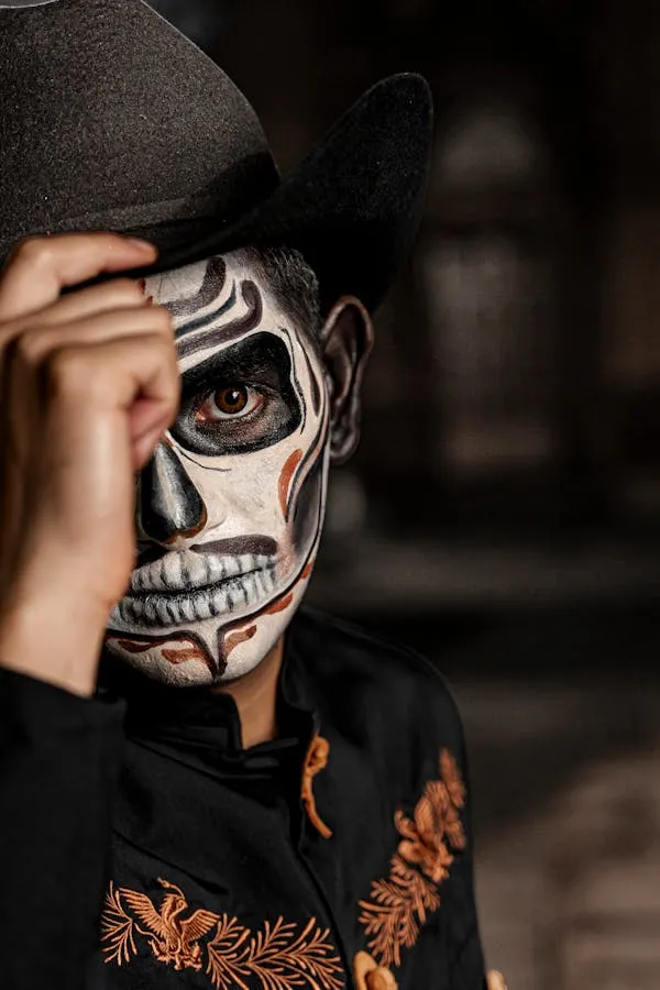 Man in hat with skull face paint for Halloween image