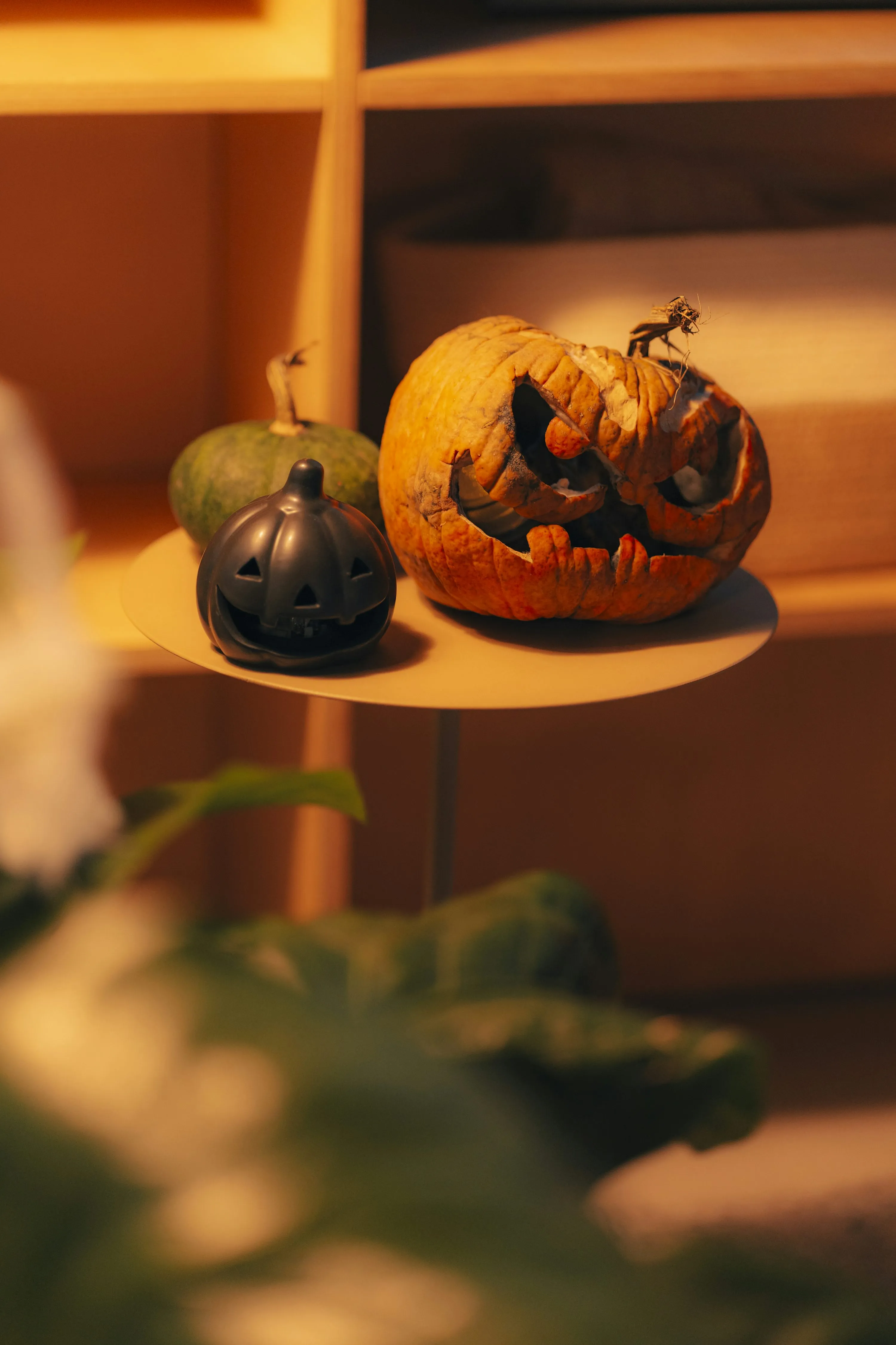 Mini Jack O Lantern Pumpkins on Wooden Stand at Sunset