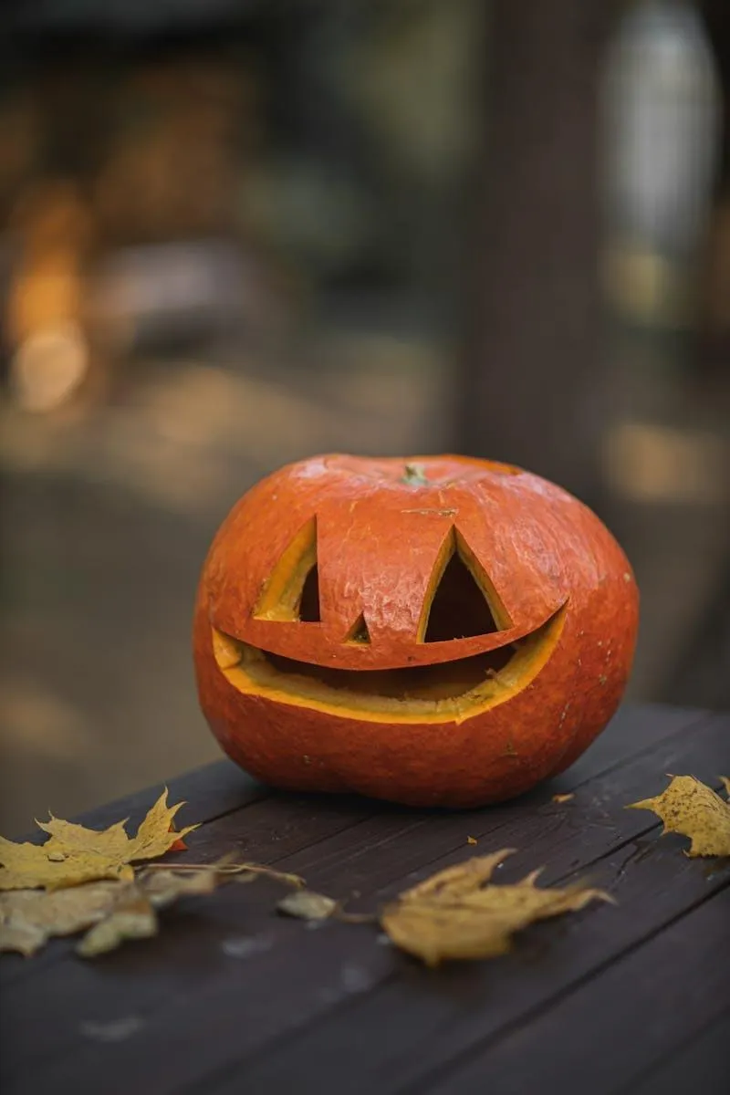 Mini Pumpkin with Face on Wet Autumn Surface HD Wallpaper