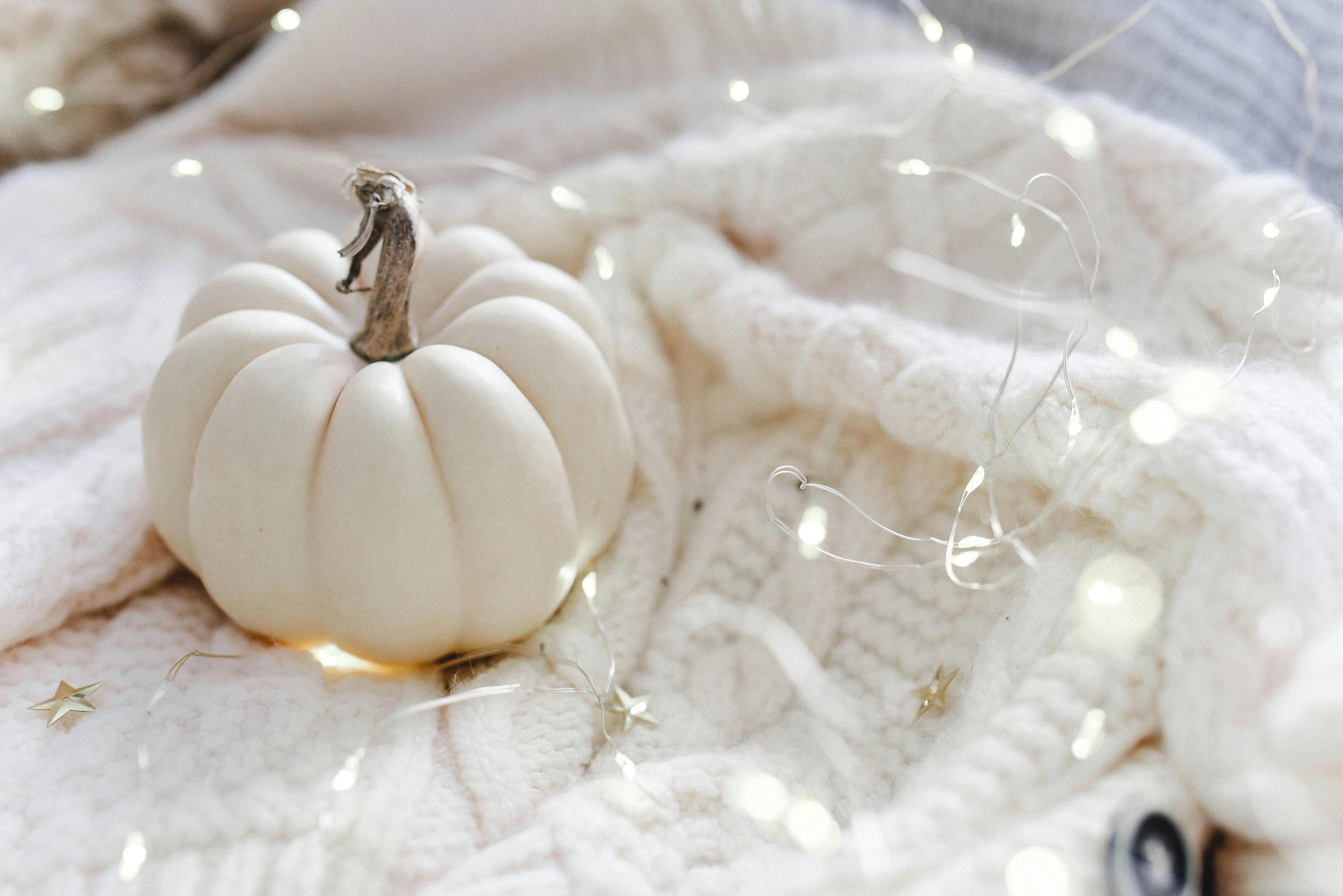 Minimalist White Pumpkin on Soft Fabric with Lights Image
