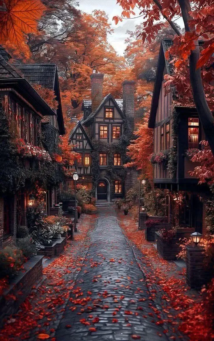 Misty Autumn Village Pathway with Halloween Ambiance