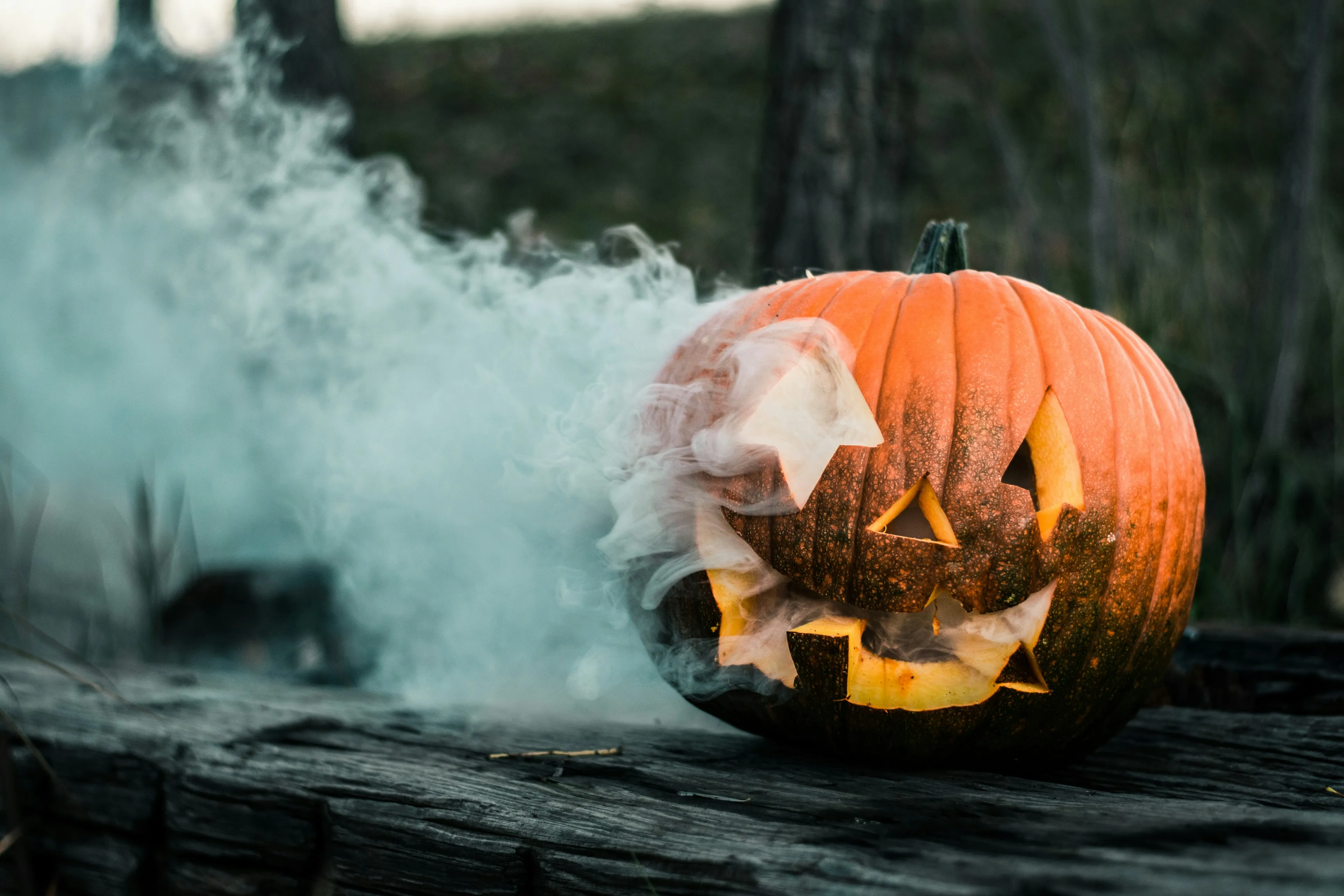 Misty Halloween Pumpkin Glowing on Old Wooden Log Image