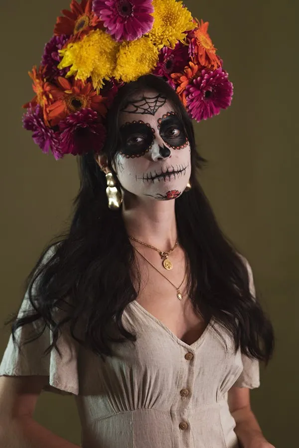 Model with Colorful Flower Headpiece and Gothic Outfit